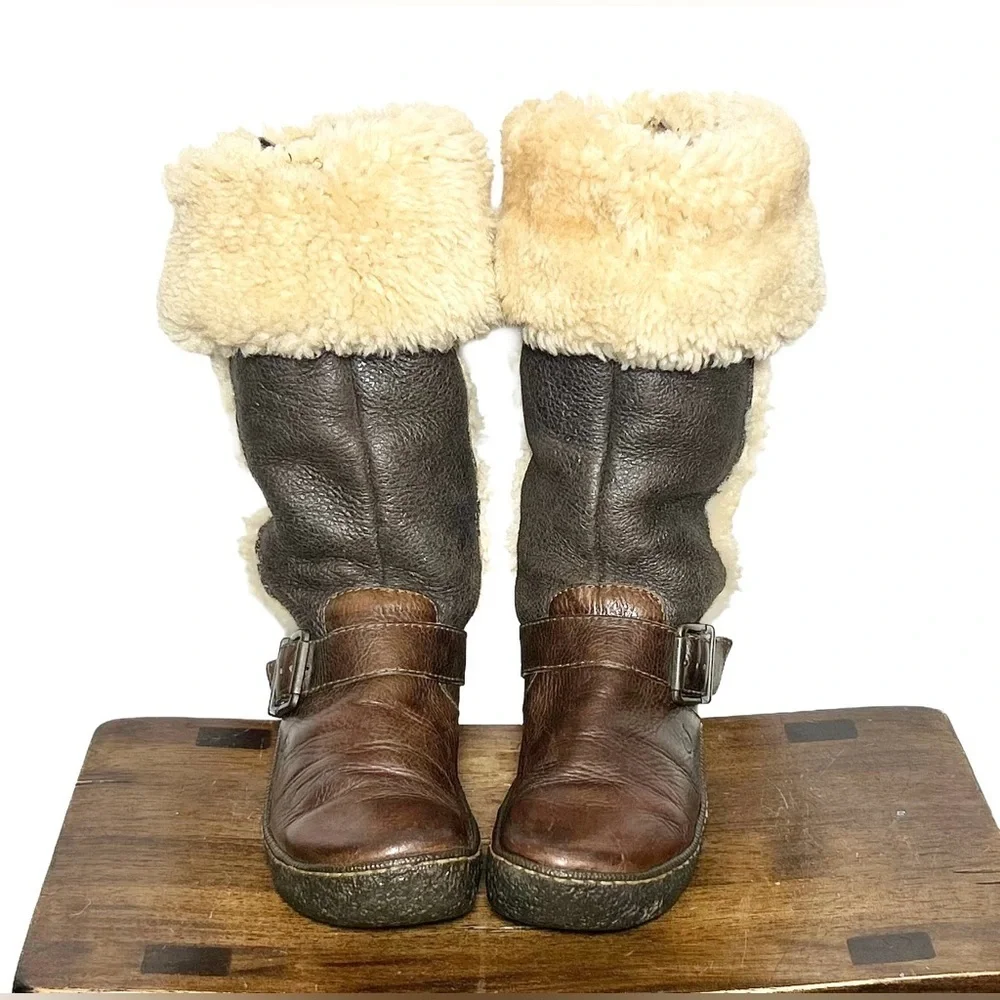 Vintage Born Western Leather Shearling Knee High Boots in Brown & Cream, Size 7
